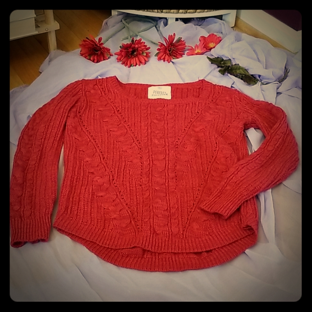 Women's Cherry Red Cable-Knit Lightweight Sweater